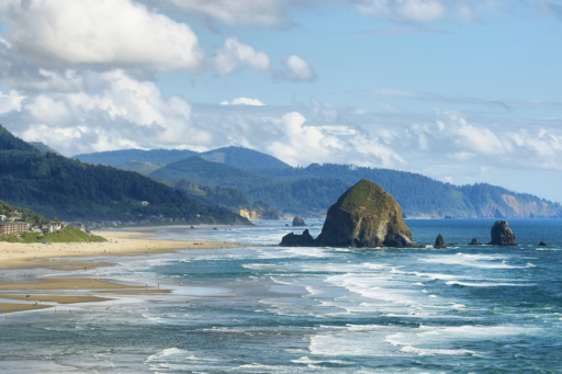 View of Cannon Beach in Oregon with Haystack Rock in the background.