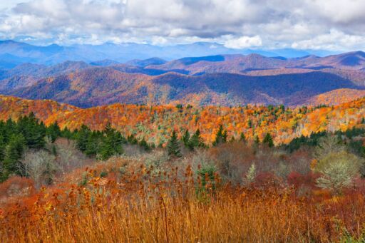 Beautiful autumn mountain panorama. Fall mountain scenery. A panoramic view of the Smoky Mountains from the Blue Ridge Parkway in North Carolina,USA. Image for banner or web header. Photo via Shutterstock.