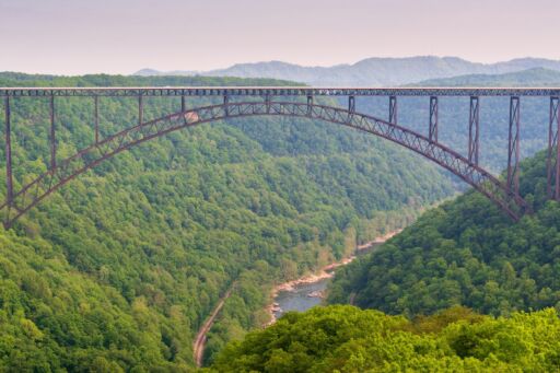 The New River Gorge Bridge, Steel arch bridge 3,030 feet long over the New River Gorge near Fayetteville, West Virginia, in the Appalachian Mountains, USA.