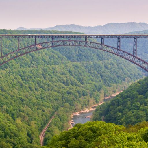 The New River Gorge Bridge, Steel arch bridge 3,030 feet long over the New River Gorge near Fayetteville, West Virginia, in the Appalachian Mountains, USA.