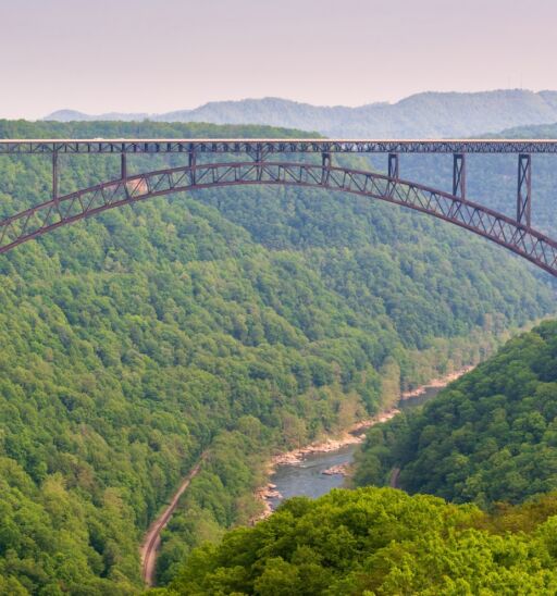 The New River Gorge Bridge, Steel arch bridge 3,030 feet long over the New River Gorge near Fayetteville, West Virginia, in the Appalachian Mountains, USA.