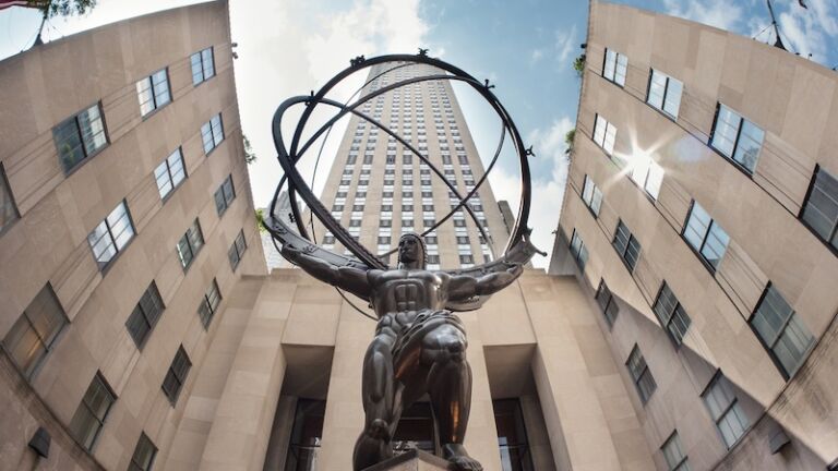 Atlas statue at Rockefeller Center on Fifth Avenue. The sculpture is 15 feet tall, the entire statue is 45 feet tall, by sculptor Lee Lawrie.