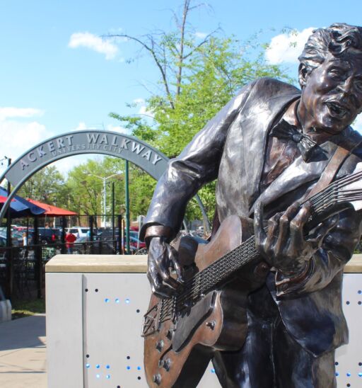 ST LOUIS MISSOURI - MAY 2018: Chuck Berry Statue in May 2018 in St. Louis, Missouri. The 8-foot-tall bronze statue stands on Delmar Blvd near the Ackert Walkway. Chuck Berry was born in St. Louis.